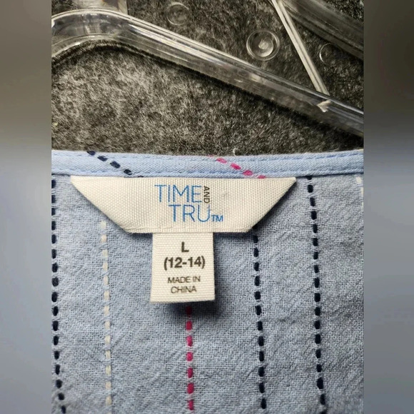 Time & Tru Ladies Wrap Top Size L 12-14 Blue Stitching V-Neck Peplum Blouse - Picture 2 of 7